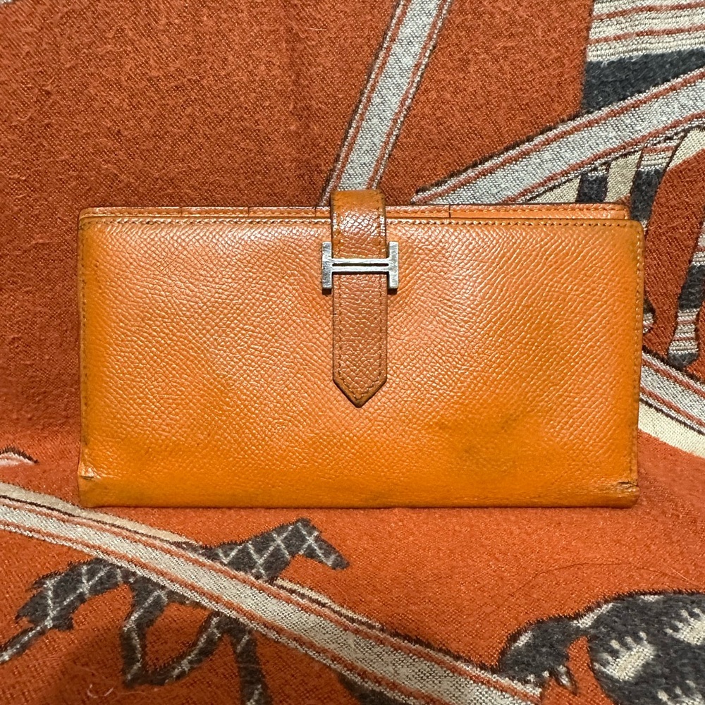 Hermes Orange Leather Wallet with Silver H Accent